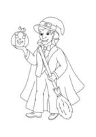 Count Dracula with broom and pumpkin for Halloween. Coloring book page for kids. Cartoon style character. Vector illustration isolated on white background.