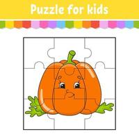 Puzzle game for kids. Jigsaw pieces. Vegetable pumpkin. Color worksheet. Activity page. Isolated vector illustration. cartoon style.