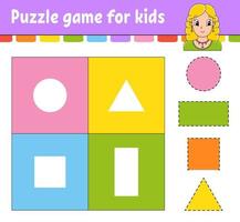 Puzzle game for kids. Cut and paste. Cutting practice. Learning shapes. Education worksheet. Circle, square, rectangle, triangle. Activity page. Cartoon character. vector