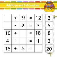 Addition and subtraction. Task for kids. Cut and paste. Education developing worksheet. Activity page. Game for children. Funny character. Isolated vector illustration. cartoon style.