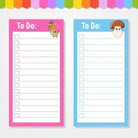 To do list for kids. Empty template. The rectangular shape. Isolated color vector illustration. Funny character. cartoon style. For the diary, notebook, bookmark.