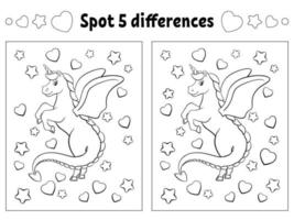 Find five differences. Coloring page for kids. Activity worksheet for children. Vector illustration isolated on white background.