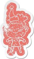 cartoon distressed sticker of a woman wearing santa hat vector