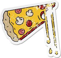 distressed sticker of a quirky hand drawn cartoon cheesy pizza vector