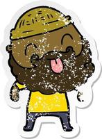 distressed sticker of a man with beard sticking out tongue vector