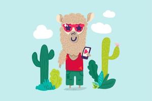 Lama wear style clothes holding smartphone vector