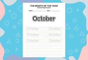 Month name of the year trace and writing practice sheet vector