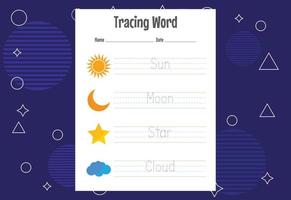 Word tracing worksheets for kids. Letters trace exercises for kids vector