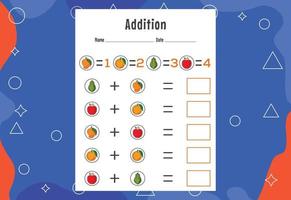 Addition with different elements for kids. An educational page for kids. Vector design