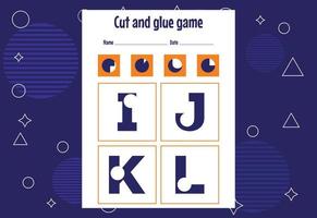 juego de cortar y pegar para niños con alfabeto. práctica de corte para niños en edad preescolar. juego de papel educativo para niños vector