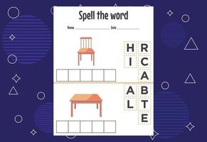 Spelling the word worksheet vector illustration. Spelling game for kids.