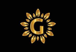 Initial G monogram letter alphabet with golden leaf wreath. Flower logo design concept