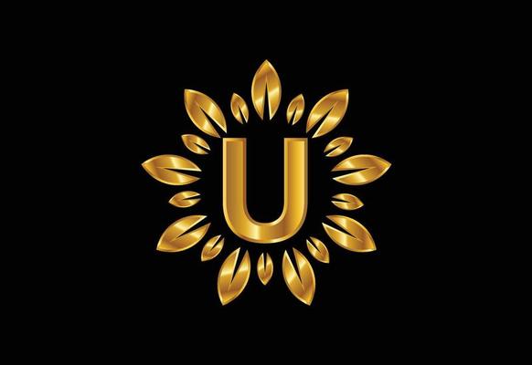 Initial U monogram letter alphabet with golden leaf wreath. Flower logo design concept