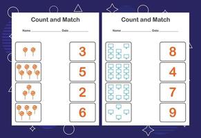 Contar y combinar la hoja de trabajo para niños. cuenta y empareja con el número correcto. juego educativo a juego. vector