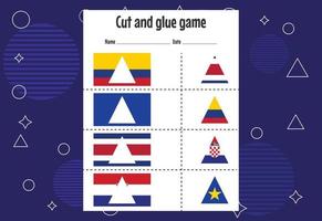 juego de cortar y pegar para niños con la bandera del país. práctica de corte para niños en edad preescolar. juego de papel educativo para niños vector