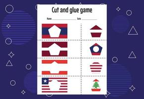 Cut and glue game for kids with country flag. Cutting practice for preschoolers. Education paper game for children