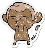 distressed sticker of a cartoon suspicious monkey vector