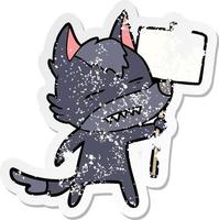 distressed sticker of a cartoon wolf with sign post showing teeth vector