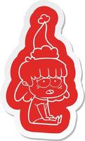 cartoon  sticker of a tired woman wearing santa hat vector