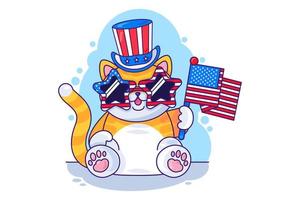 el gato usa sombrero y gafas sostiene el vector de la bandera americana