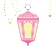 Pink color lantern and gold string with beautiful Arabic patterns. vector