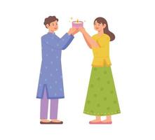 Couples in traditional Indian costumes are holding oil lamps together. vector