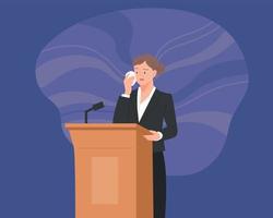 A presenter is wiping sweat under pressure on the podium. flat design style vector illustration.