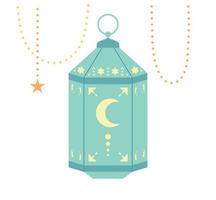 Mint color lantern and gold string with beautiful Arabic patterns. vector
