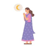 A woman in traditional Indian clothes is praying while looking at the moon. vector