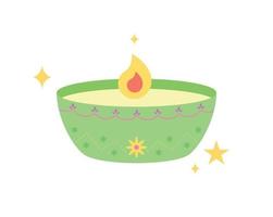 Green oil lamp and flame in a cute Indian traditional pattern. vector