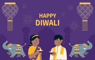 Cute children in traditional Indian costumes are holding oil lamps in their hands. Diwali poster decorated with lanterns and elephants. vector