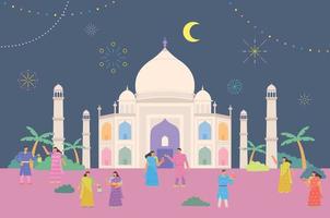 muchas personas disfrutan del festival frente al taj mahal en india. vector