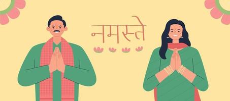 A man and a woman in traditional Indian clothes are holding hands and saying hello to India. vector