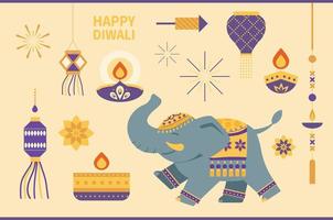 cartel del festival feliz diwali. elefante y lámpara. ilustración vectorial de estilo de diseño plano. vector