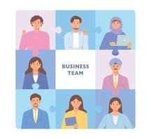 Puzzle layout concept banner. The faces of business team members are placed in each section. vector