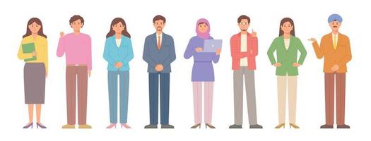 A business man in a formal style is standing and making various gestures. There is a man in a turban and a woman in a hijab. vector