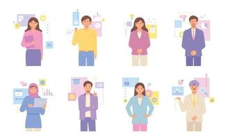 Various Asian business characters. Graph data are decorated around them. vector