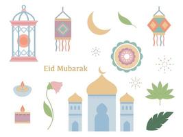 Eid Mubarak. mezquita india con hermosas linternas y plantas decorativas. vector