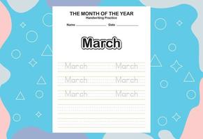 Month name of the year trace and writing practice sheet vector
