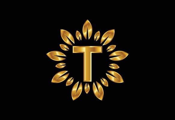 Initial T monogram letter alphabet with golden leaf wreath. Flower logo design concept