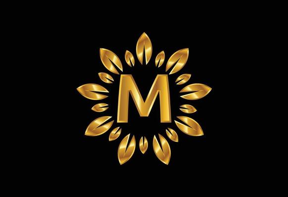 Initial M monogram letter alphabet with golden leaf wreath. Flower logo design concept