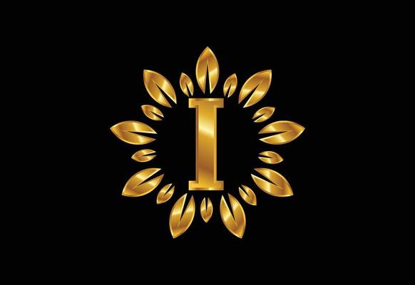 Initial I monogram letter alphabet with golden leaf wreath. Flower logo design concept