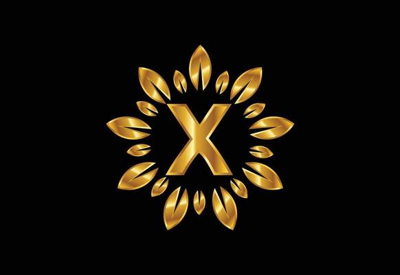 Initial X monogram letter alphabet with golden leaf wreath. Flower logo design concept