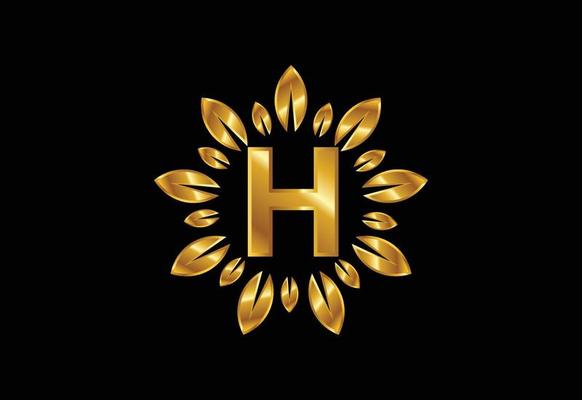 Initial H monogram letter alphabet with golden leaf wreath. Flower logo design concept