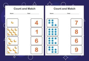 Contar y combinar la hoja de trabajo para niños. cuenta y empareja con el número correcto. juego educativo a juego. vector