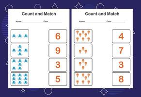 Contar y combinar la hoja de trabajo para niños. cuenta y empareja con el número correcto. juego educativo a juego. vector