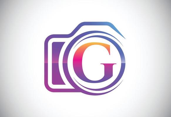 Initial G monogram letter with a camera icon. Logo for photography business, and company identity