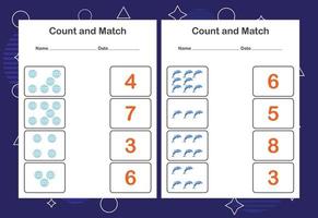 Contar y combinar la hoja de trabajo para niños. cuenta y empareja con el número correcto. juego educativo a juego. vector