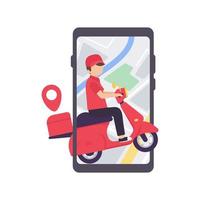 The delivery driver drives through a mobile phone with a map screen. online food delivery concept vector