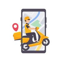 The delivery driver drives through a mobile phone with a map screen. online food delivery concept vector